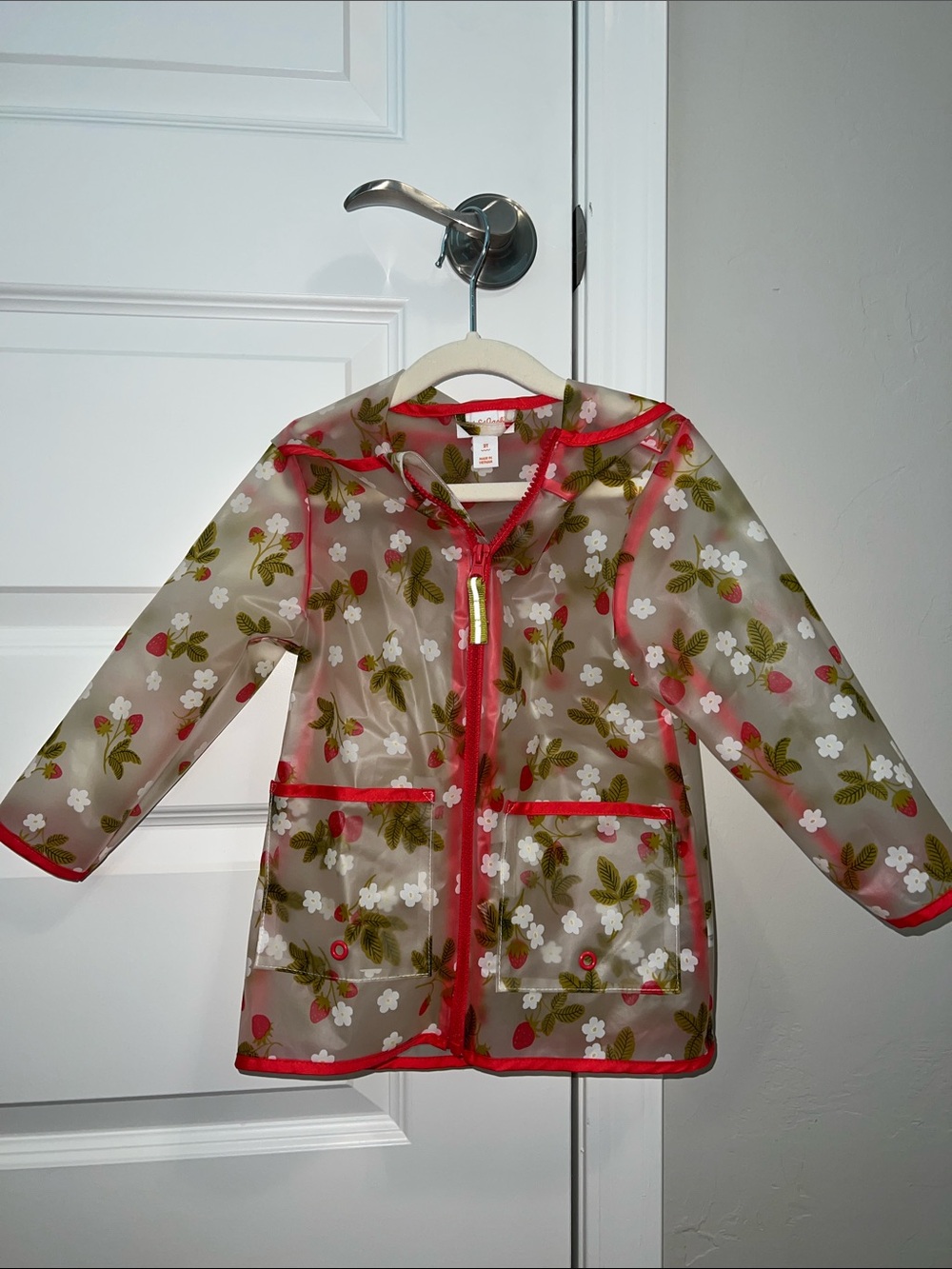 Transparent Floral Hooded Raincoat with Red Trim - Flowers and Strawberries